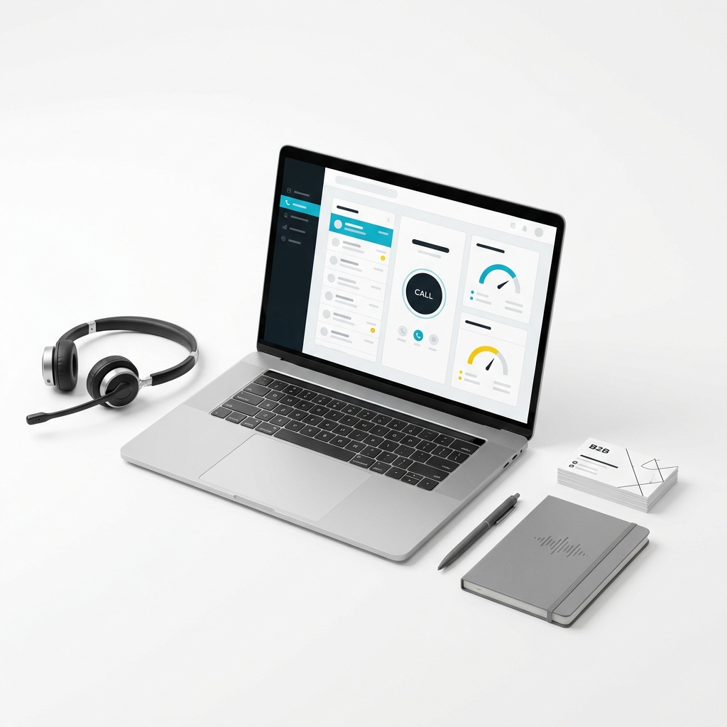 Ordinateur logiciel phoning, casque telephonique et fiches prospects B2B