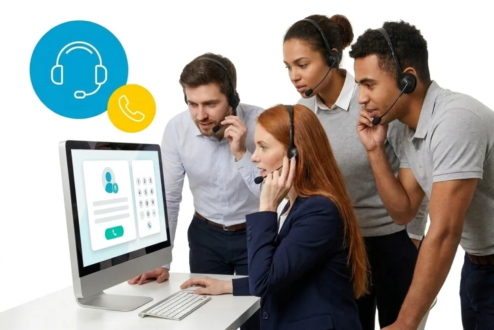 Une utilisatrice passe ses appels au casque-micro via le logiciel de prospection