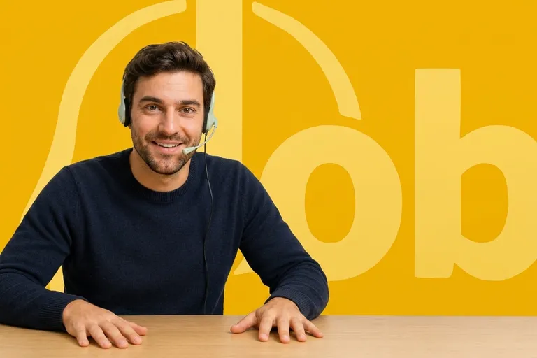 Téléopératrice indépendante au casque en pleine conversation à son poste de travail
