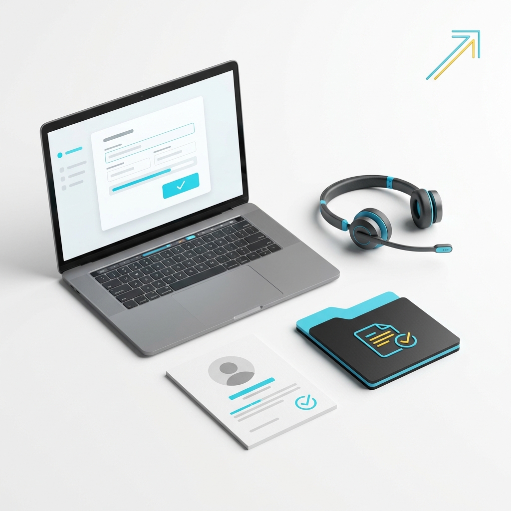 Ordinateur inscription profil independant, casque telephonique et documents validation