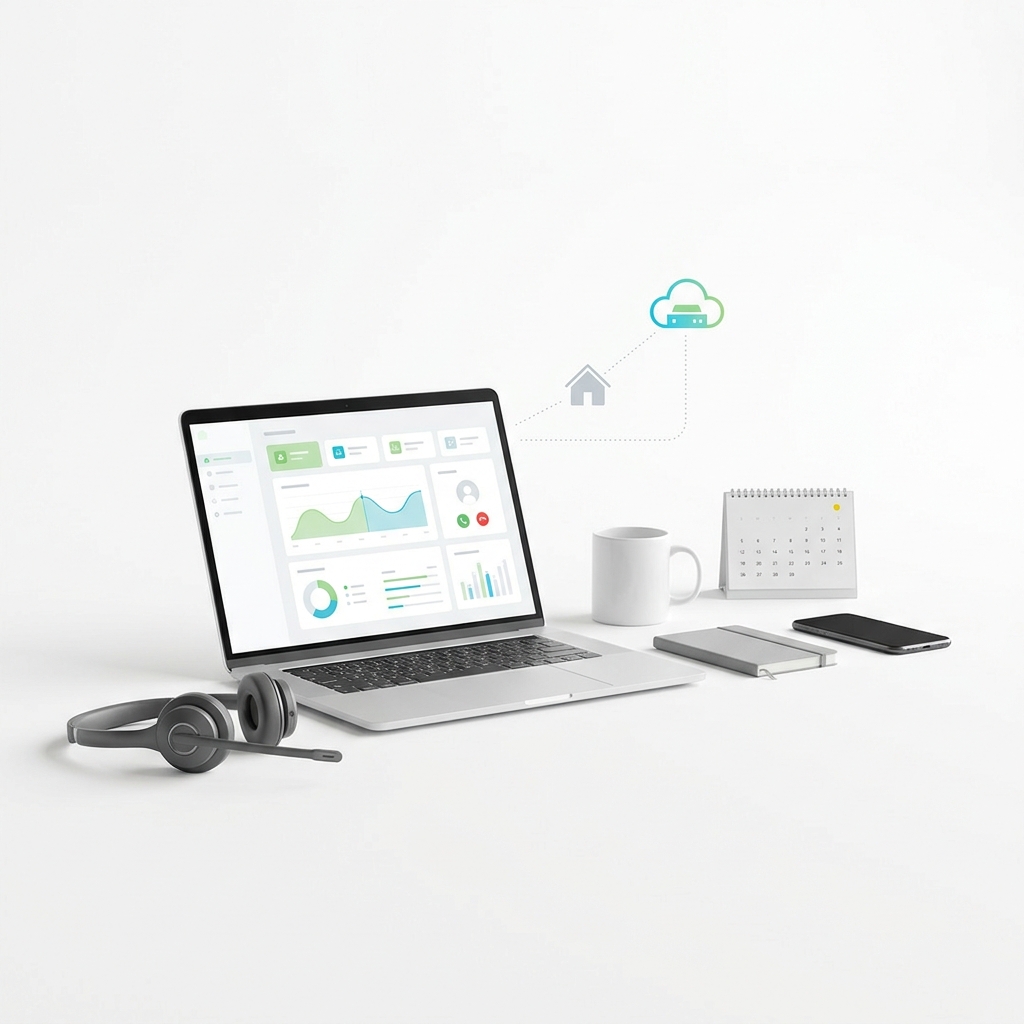 Ordinateur tableau de bord phoning, casque et organisation travail a domicile