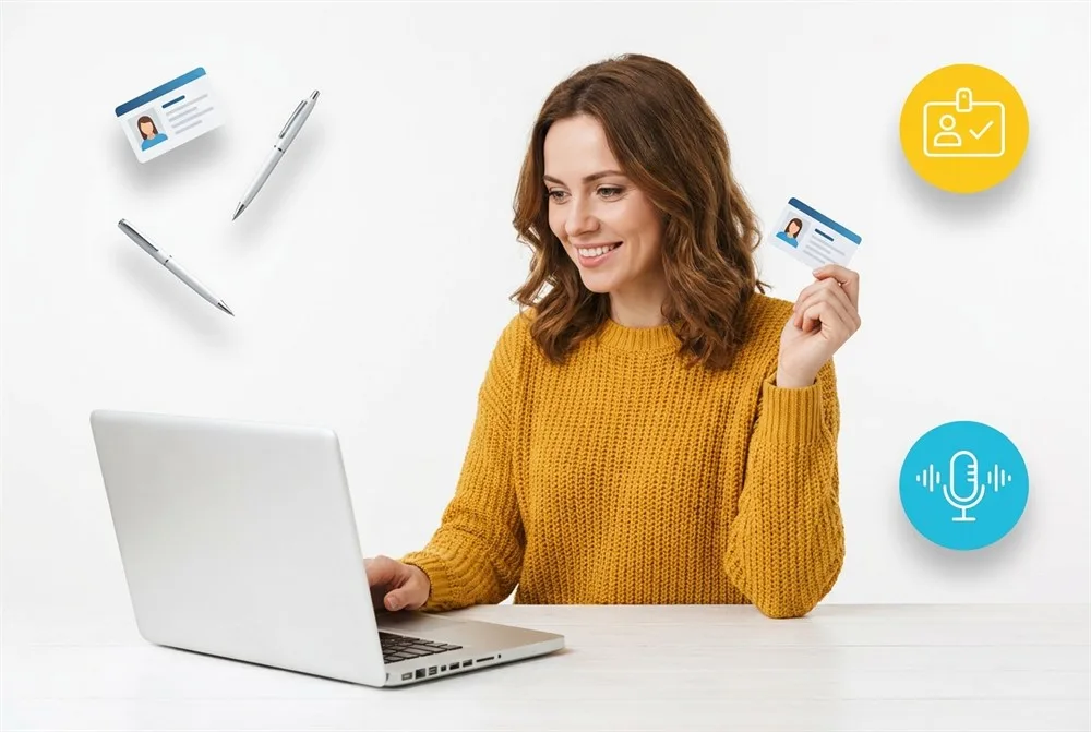 Une téléopératrice indépendante crée son profil sur la plateforme : avatar validé et échantillon de voix enregistré