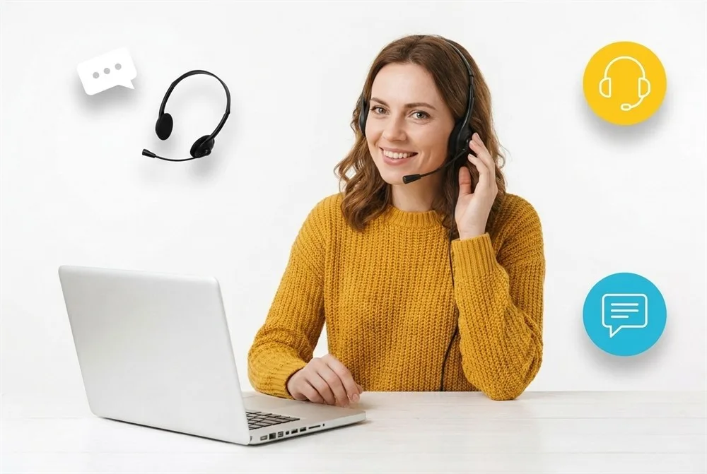 Une téléopératrice au casque, accompagnée par l’équipe support, devant son logiciel d’appel