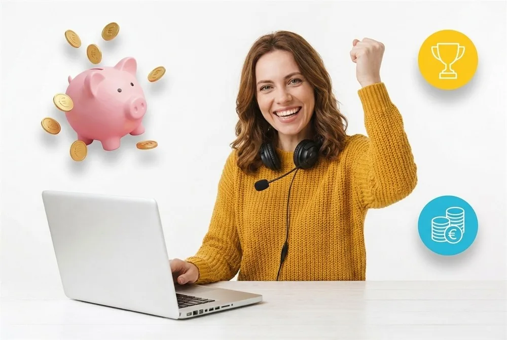 Une téléopératrice satisfaite, payée pour son travail via un paiement sécurisé