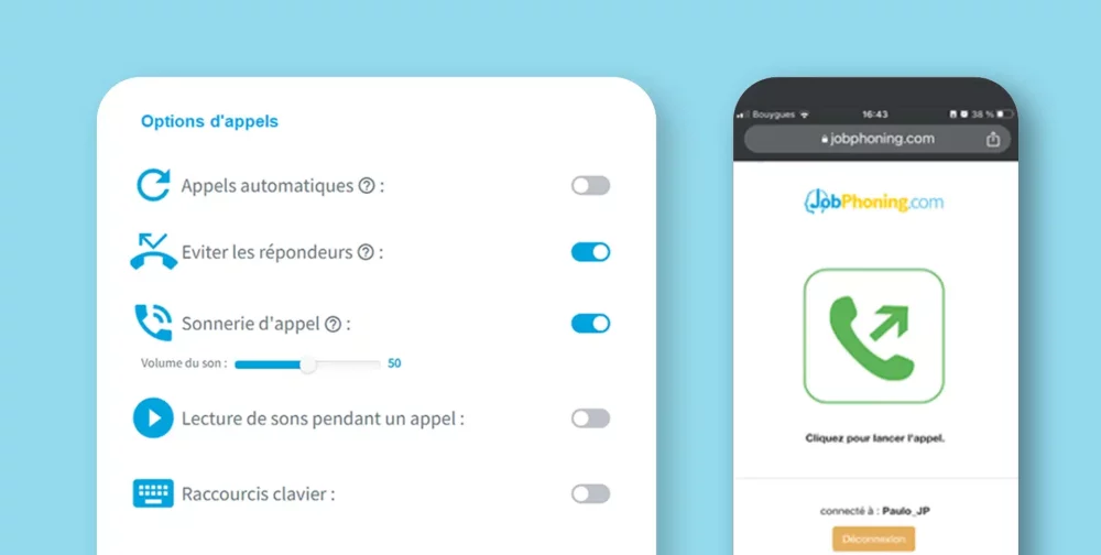 Capture d'écran d'une interface de gestion d'appels avec des options de configuration et un smartphone affichant un appel sortant.