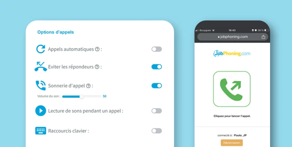 Capture d'écran d'une interface de gestion d'appels avec des options de configuration et un smartphone affichant un appel sortant.