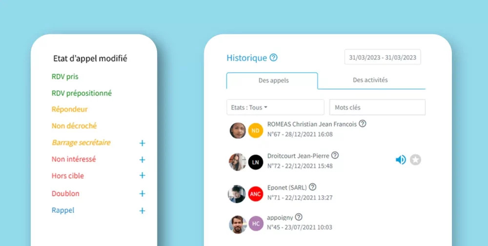 Capture d'écran montrant l'historique des interactions avec des leads et l'état des appels passés.