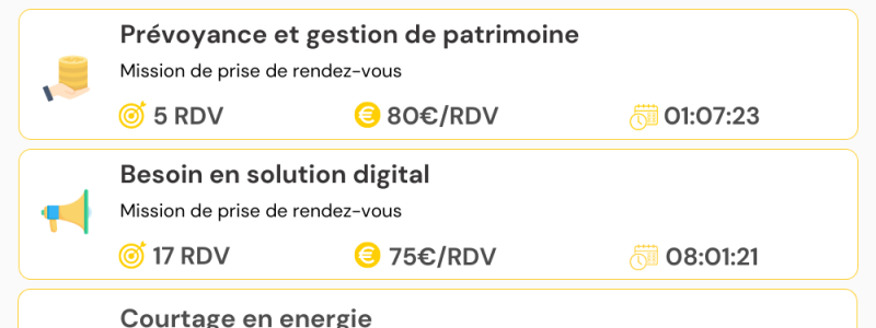 Tableau d'informations illustrant une mission de prise de rendez-vous, avec détails de la rémunération et des objectifs.